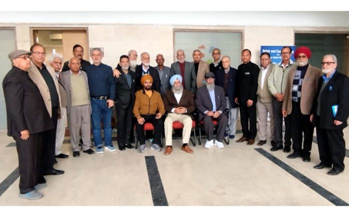Newly elected office bearers of J&K Bank Pensioner’s Federation posing for a photograph.