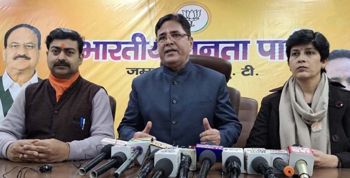 BJP leader GL Raina addressing media persons at the party Headquarters in Trikuta Nagar on Monday.