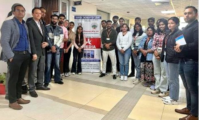 Students of Central University Jammu posing during a placement drive on Saturday.