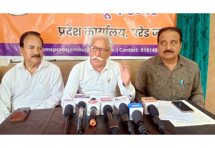 BMS leaders at a press conference in Jammu on Wednesday. -Excelsior/Rakesh BMS leaders at a press conference in Jammu on Wednesday. -Excelsior/Rakesh