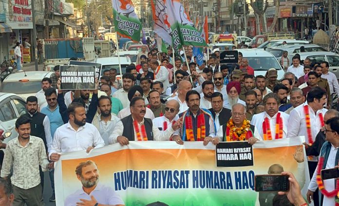 Cong leaders protesting in Jammu on Monday.