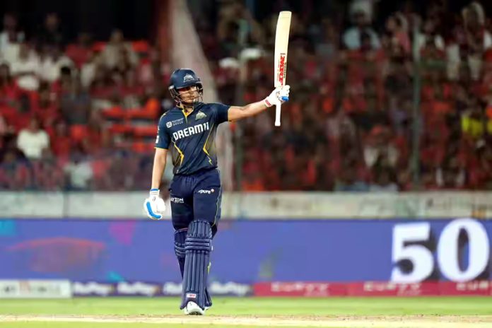 Shubman Gill raising his bat after scoring unbeaten 61 runs against SRH at Hyderabad on Sunday. Shubman Gill raising his bat after scoring unbeaten 61 runs against SRH at Hyderabad on Sunday.