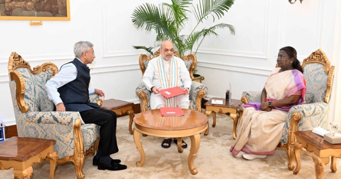 Union Minister for Home Amit Shah and Minister of External Affairs Dr S Jaishankar meeting President Droupadi Murmu at Rashtrapati Bhavan.