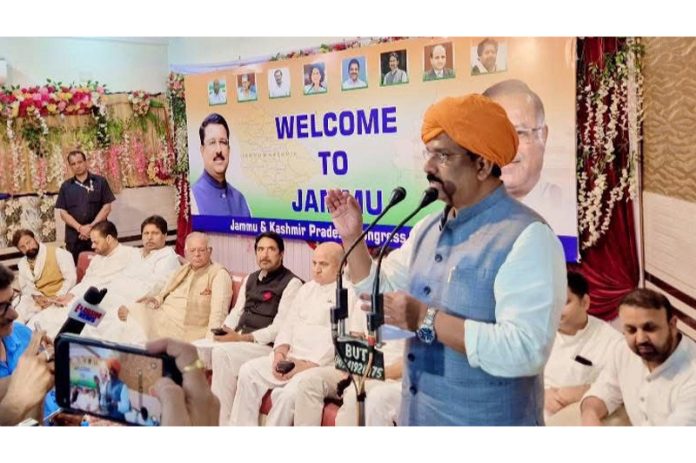 AICC general secretary Incharge J&K Naseer Hussain addressing party functionaries’ meeting in Jammu. -Excelsior/Rakesh AICC general secretary Incharge J&K Naseer Hussain addressing party functionaries’ meeting in Jammu. -Excelsior/Rakesh