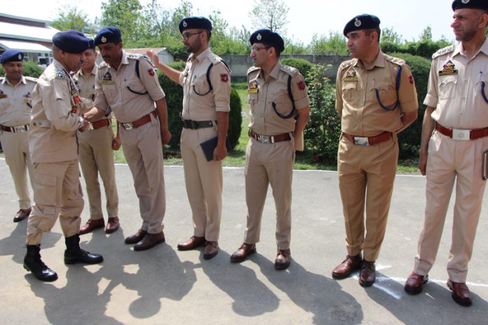 DGP Nalin Prabhat interacting with police officers of South Kashmir Range.