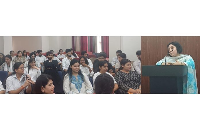 Retd Judge, Bala Jyoti delivering expert lecture at JU Law School on Monday.