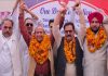 Senior NC leaders Rattan Lal Gupta, Vijay Lochan, T P Singh and others during party convention at Kathua.