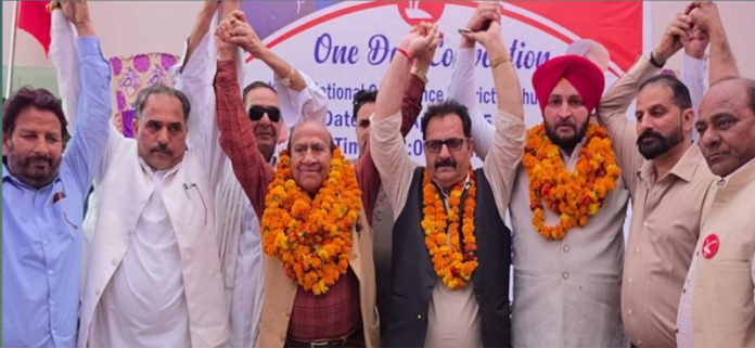 Senior NC leaders Rattan Lal Gupta, Vijay Lochan, T P Singh and others during party convention at Kathua. Senior NC leaders Rattan Lal Gupta, Vijay Lochan, T P Singh and others during party convention at Kathua.