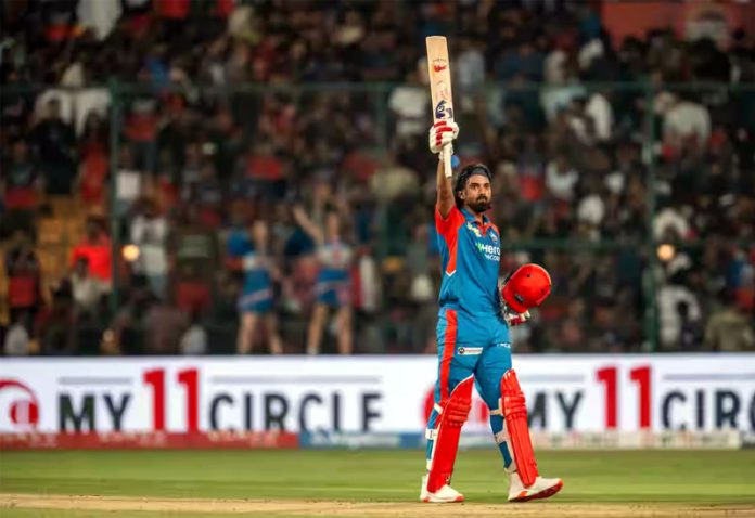 K L Rahul raising his bat after scoring unbeaten 93 runs against RCB at Bengaluru. K L Rahul raising his bat after scoring unbeaten 93 runs against RCB at Bengaluru.