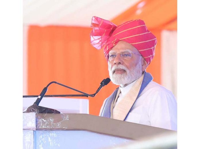 PM addressing at the launch of development works in Yamuna Nagar, Haryana on April 14, 2025.