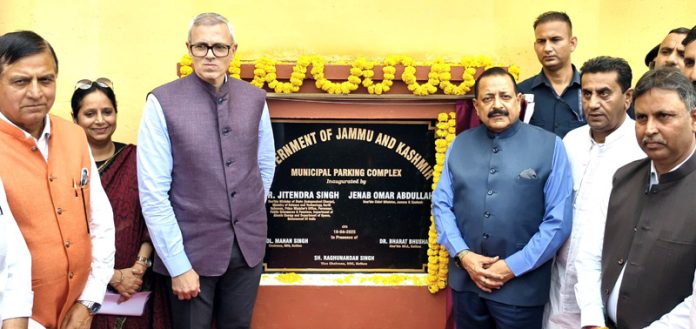 Union Minister Dr Jitendra Singh and Chief Minister Omar Abdullah inaugurating multiple parking complex at Kathua on Saturday.