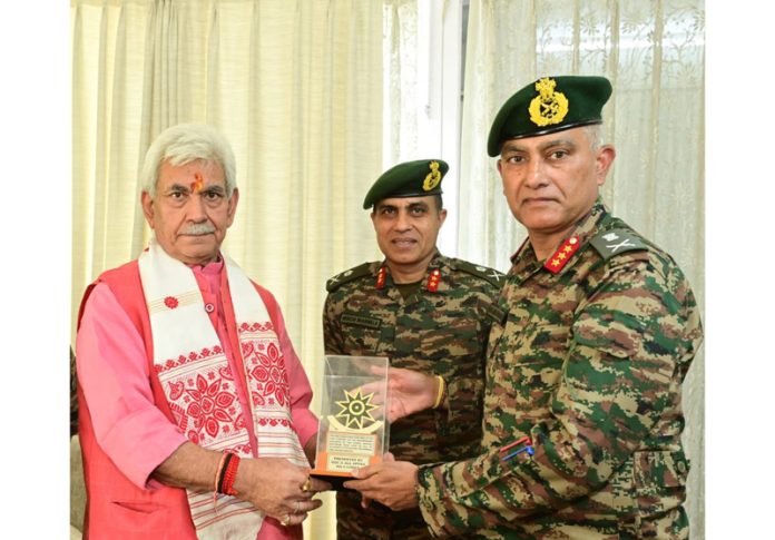 GOC Lt Gen Rajan Sharawat in a meeting with Lt Governor Manoj Sinha.
