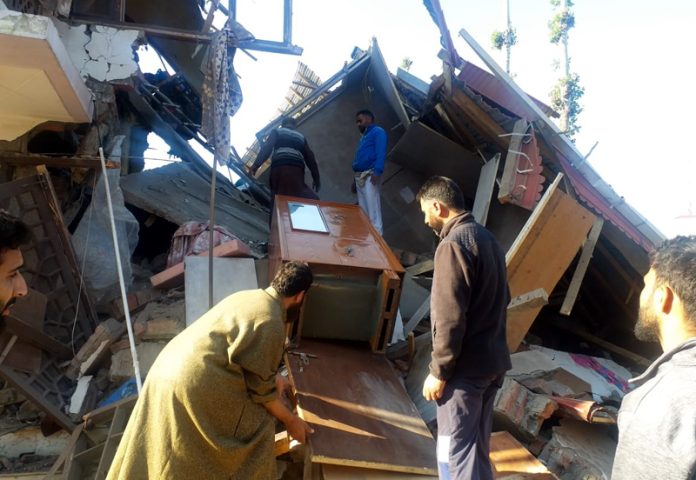 House of terrorist demolished in Bandipora on Sunday. - Excelsior/Firdous