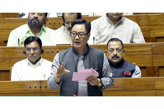 Union Minister Kiren Rijiju speaking on Waqf bill in Lok Sabha on Wednesday. (UNI)
