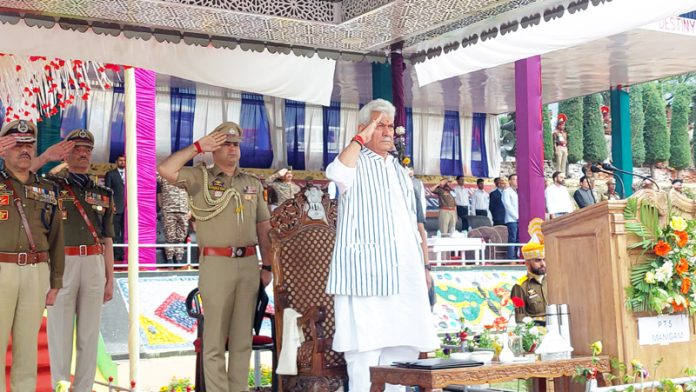 LG Manoj Sinha takes salute at the Passing Out Parade at PTS Manigam. —Excelsior/Firdous LG Manoj Sinha takes salute at the Passing Out Parade at PTS Manigam. —Excelsior/Firdous