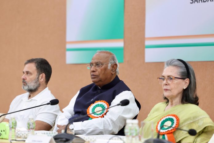 Congress president Mallikarjun Kharge, CPP chairperson Sonia Gandhi and Leader of Opposition in Lok Sabha Rahul Gandhi attending the extended CWC meeting in Ahmedabad on Tuesday. (UNI) Congress president Mallikarjun Kharge, CPP chairperson Sonia Gandhi and Leader of Opposition in Lok Sabha Rahul Gandhi attending the extended CWC meeting in Ahmedabad on Tuesday. (UNI)