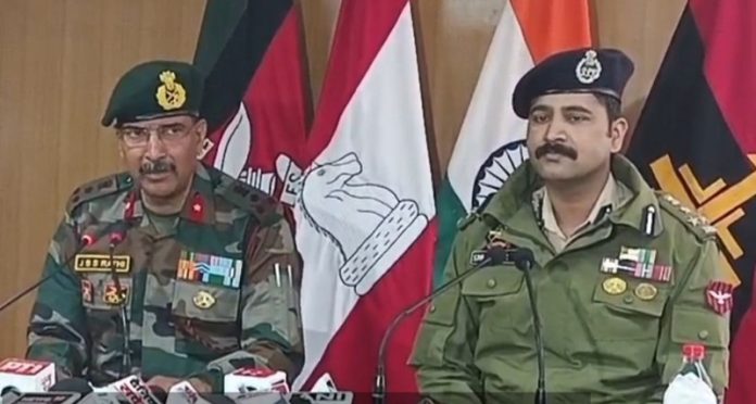 Brigadier JBS Rathi and DIG Shridhar Patil addressing a press conference in Kishtwar on Saturday. Brigadier JBS Rathi and DIG Shridhar Patil addressing a press conference in Kishtwar on Saturday.