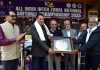MLA Nazir Ahmad Khan receives memento during Softball Championship inaugural ceremony in Srinagar. -Excelsior/Shakeel