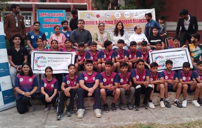 J&K Dodgeball team posing with coaches and managers in Jammu before leaving to Karnataka. J&K Dodgeball team posing with coaches and managers in Jammu before leaving to Karnataka.