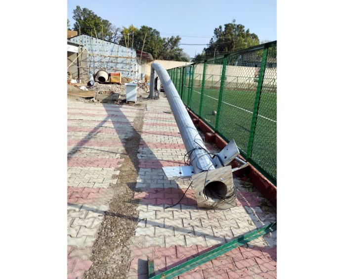 A high-mast light pole installed at Mini Stadium, Parade Jammu collapsed due to windstorm. A high-mast light pole installed at Mini Stadium, Parade Jammu collapsed due to windstorm.