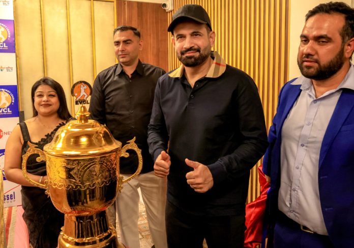 Former Indian Pacer Irfan Pathan unveiling trophy of EVCL in Srinagar. -Excelsior/Shakeel