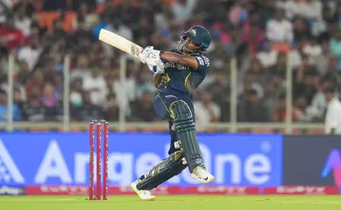 Sai Sudharsan playing a pull shot during his inning of 82 runs against Rajasthan Royals at Ahmedabad on Wednesday. Sai Sudharsan playing a pull shot during his inning of 82 runs against Rajasthan Royals at Ahmedabad on Wednesday.