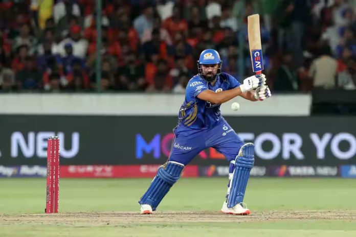 Rohit Sharma in action during his inning of 70 runs against SRH at Hyderabad.