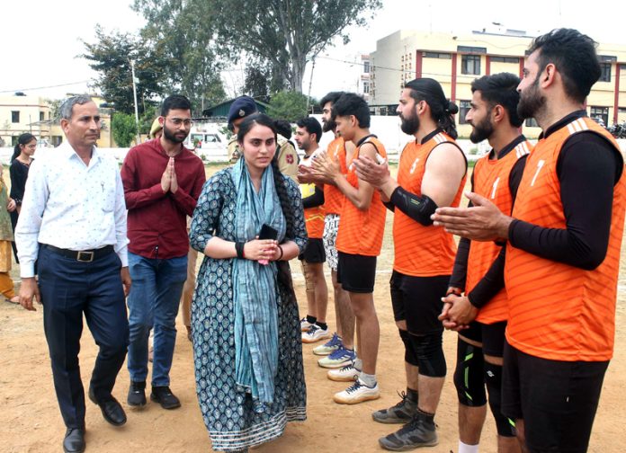 Chief guest interacting with players during a Volleyball tourney at Udhampur on Thursday.