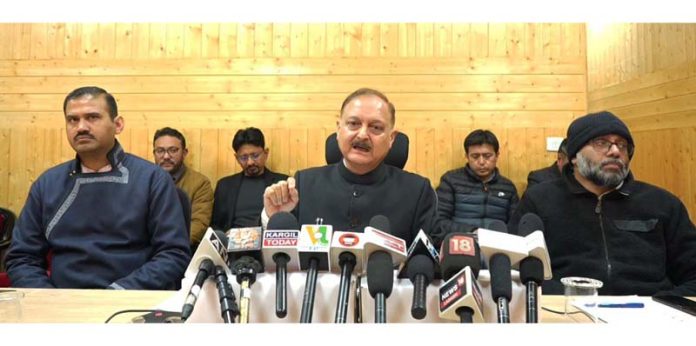 Dr Pawan Kotwal, CS of Ladakh addressing a press conference in Leh on Wednesday. Dr Pawan Kotwal, CS of Ladakh addressing a press conference in Leh on Wednesday.