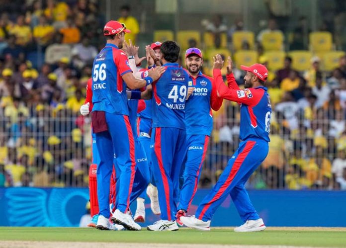 Players of Delhi Capitals celebrating after defeating CSK at Chennai on Saturday. Players of Delhi Capitals celebrating after defeating CSK at Chennai on Saturday.