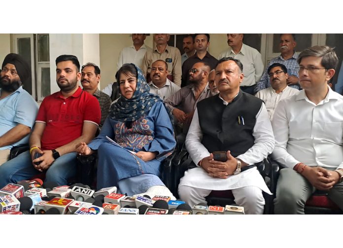 PDP president Mehbooba Mufti addressing a press conference in Jammu on Monday.— Excelsior/Rakesh