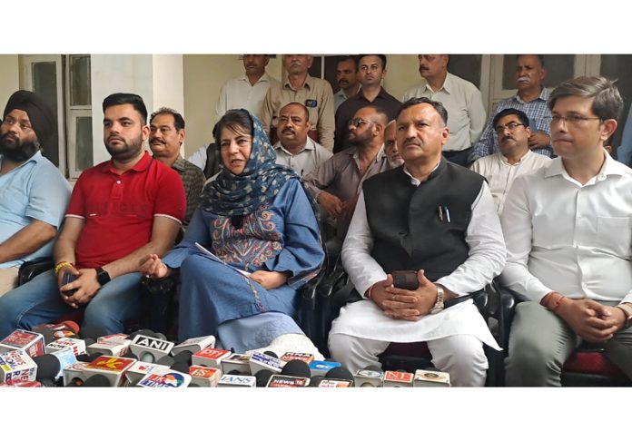 PDP president Mehbooba Mufti addressing a press conference in Jammu on Monday. — Excelsior/Rakesh