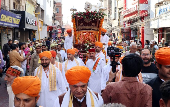 Grand Shobha Yatra being taken out on the eve of Shri Ram Navami in Jammu on Saturday. -Excelsior/Rakesh Grand Shobha Yatra being taken out on the eve of Shri Ram Navami in Jammu on Saturday. -Excelsior/Rakesh