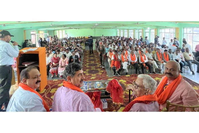 MP Jugal Kishore Sharma and MLA, Jammu East, Yudhvir Sethi during a function organised by Mahasha Sadar Sabha at Dogra Hall on Tuesday.