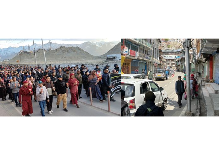 People participating in protest at Leh (L) and complete shutdown in Kargil (R) on Wednesday. -Excelsior/Basharat Ladakhi