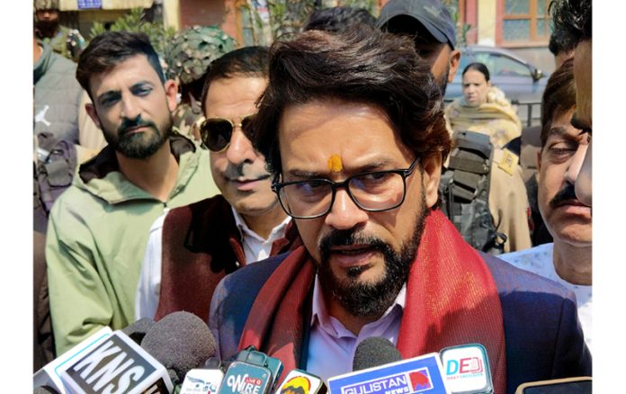BJP leader and Member Parliament Anurag Thakur talking to media persons at Srinagar. - Excelsior/Shakeel