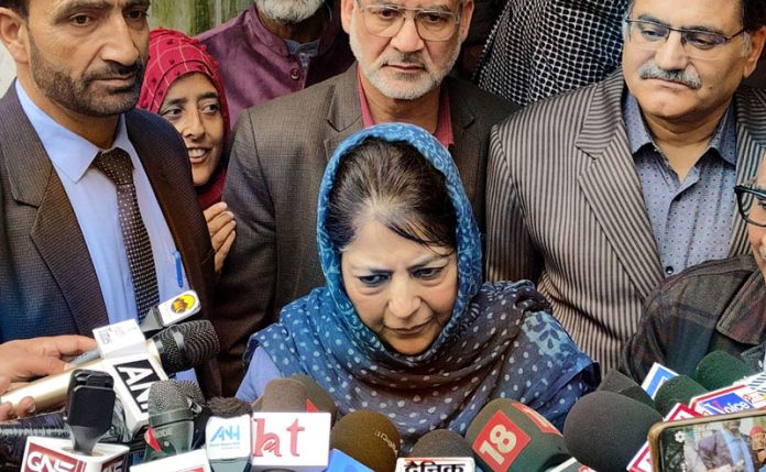 PDP president Mehbooba Mufti speaking with media persons in Srinagar on Wednesday. -Excelsior/Shakeel PDP president Mehbooba Mufti speaking with media persons in Srinagar on Wednesday. -Excelsior/Shakeel