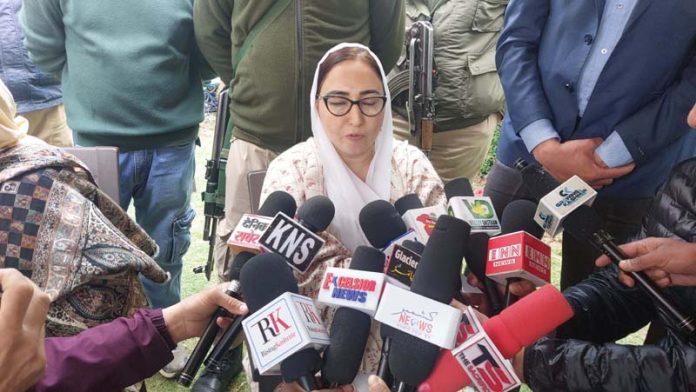 Chairperson, J&K Waqf Board Dr Darakhshan Andrabi speaking to reporters at Srinagar. -Excelsior/Firdous