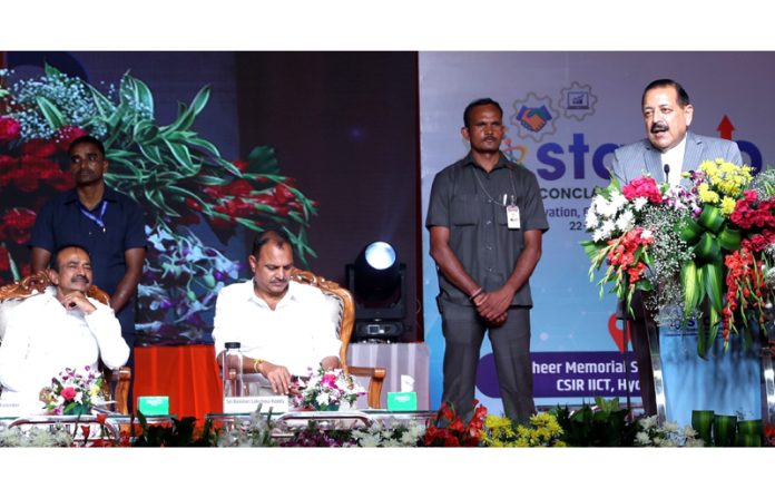 Union Minister Dr. Jitendra Singh addressing the 2-day “StartUp Expo 2025” jointly organised by CSIR-IICT, CSIR-CCMB and CSIR-NGRI at Hyderabad on Tuesday. Union Minister Dr. Jitendra Singh addressing the 2-day “StartUp Expo 2025” jointly organised by CSIR-IICT, CSIR-CCMB and CSIR-NGRI at Hyderabad on Tuesday.