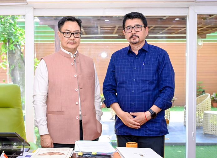 CEC Leh, Tashi Gyalson during a meeting with Union Minister of Parliamentary Affairs, Kiran Rijiju at New Delhi on Friday.