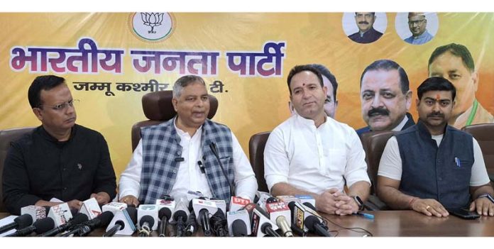 BJP leaders in a press conference at Jammu on Friday.