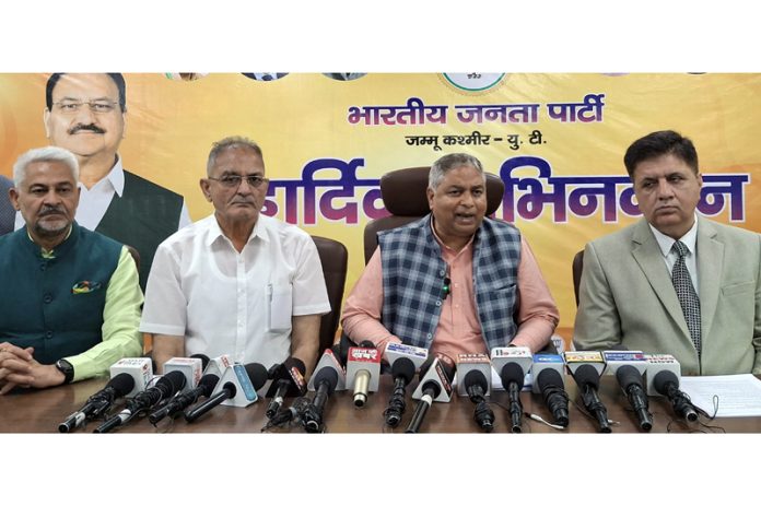 BJP president, Sat Sharma and other senior party leaders at a press conference at Jammu on Wednesday. BJP president, Sat Sharma and other senior party leaders at a press conference at Jammu on Wednesday.