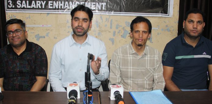 Vocational trainers addressing press conference at Jammu on Saturday. -Excelsior/Rakesh Vocational trainers addressing press conference at Jammu on Saturday. -Excelsior/Rakesh