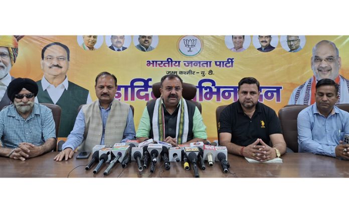 MLA Bahu, Ch Vikram Randhawa along with other BJP leaders at a press conference at Jammu on Wednesday.