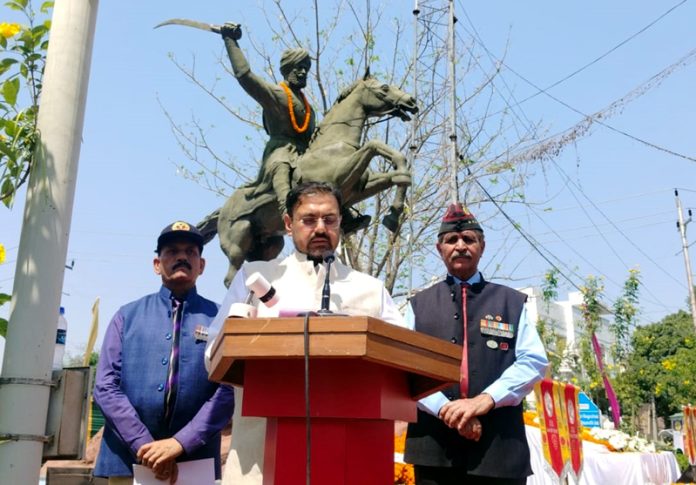 Minister Satish Sharma speaking during an event organised to celebrate the birth anniversary of Gen Zorawar Singh in Jammu on Sunday. Minister Satish Sharma speaking during an event organised to celebrate the birth anniversary of Gen Zorawar Singh in Jammu on Sunday.