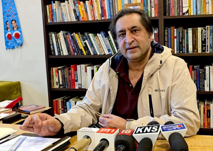 MLA Handwara Sajad Gani Lone during a press conference in Srinagar on Tuesday. — Excelsior/Shakeel MLA Handwara Sajad Gani Lone during a press conference in Srinagar on Tuesday. — Excelsior/Shakeel