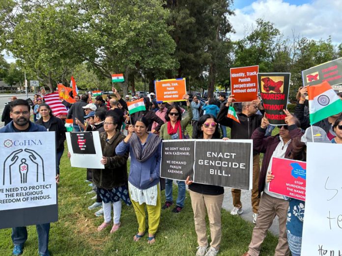 Kashmiri Pandits with placards in their hands protesting in California against Pahalgam carnage.