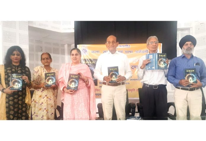 Dignitaries releasing Prof Raj Kumar’s autobiography during a function organised by JKAACL on Monday.