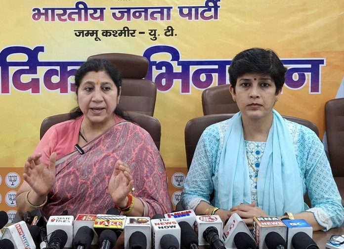 BJP leaders Purnima Sharma and Rajni Sethi addressing media persons in Jammu on Tuesday.