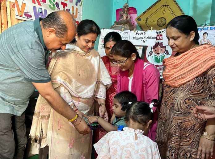Senior BJP leader Priya Sethi interacting with kids at Aanganwadi centre on Tuesday. Senior BJP leader Priya Sethi interacting with kids at Aanganwadi centre on Tuesday.